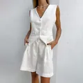 Elegant white cotton linen two-piece set featuring V-neck vest and pleated shorts for women - S / Top And Bottom / White