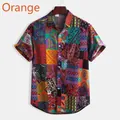Detailweergave van de levendige kleurrijke patchwork paisley print op herenoverhemd - M / Tops / Oranje Patchwork Print