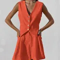 Vibrant orange cotton linen vest and shorts two-piece summer suit set for women - S / Top And Bottom / Orange