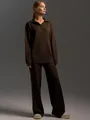 Elegant chocolate brown Polo collar knit sweater and wide-leg trouser set for women - S / Top And Bottom / Brown