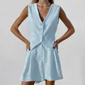 Stylish light blue cotton linen two-piece vest and shorts suit for summer fashion - S / Top And Bottom / Blue