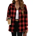 Detailansicht eines lässigen, rot-schwarz karierten Oversize-Hemdes für Damen mit Knöpfen - S / Rot & Schwarz