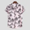 Detailed view of men's pink casual short sleeve shirt with black coconut tree prints - M / Tops / Pink