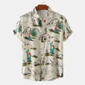 Men's short-sleeved casual button-down shirt with cactus and desert landscape print - Desert Cactus Print