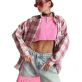 Chemise vintage à carreaux roses et blancs à manches longues pour femmes style urbain - S / Hauts / Rose