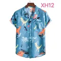Summer short sleeve button-down shirt featuring colorful cartoon dinosaur and cactus prints - M / Tops / Blue Cartoon Dinosaur Print (XH12)
