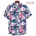 Men's casual Hawaiian short sleeve shirt featuring tropical floral and leaf print - White Monstera Pink Floral Style (CS137)