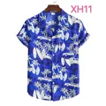 Blue men's short sleeve shirt featuring tropical palm tree and surfboard print patterns. - M / Tops / Dark Blue Tropical Print (XH11)