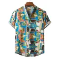Detail shot of vibrant geometric pattern on men's casual short sleeve cotton linen shirt. - M / Top - Colorful Abstract Style (Z-PL06) / Blue