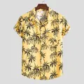 Detailed view of yellow men's short-sleeved shirt with black palm tree print and pocket - M / Tops / Yellow