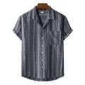Detail of men's short sleeve shirt with ethnic geometric print on wooden hanger - Black White Ethnic Triangle Wave Print (XH42)