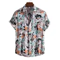 Detailed view of men's short-sleeved casual shirt with vibrant abstract floral print - M / Tops / Light Color (C147)