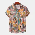 Close-up of vibrant floral and leaf print on men's short sleeve Hawaiian shirt - 3XL / Tops / Multicolor Patchwork Print (C52)