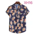 Herren-Kurzarmhemd in Marineblau mit lebhaftem tropischem Palmenblatt-Print für den Sommer - M / Oberteile / Dunkelblaues und oranges Kokosnussblatt-Muster (XH16)