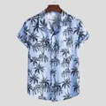 Detail of men's light blue short sleeve casual shirt with black coconut tree print. - M / Tops / Light Blue