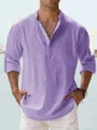 Casual lavender men's linen shirt with stand collar and long sleeves for a relaxed fit - S / Tops / Purple