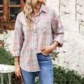 Chemise femme à carreaux rose et blanc, manches longues, poche et fermeture boutonnée classique - S / Hauts / Rose