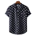 Detailed view of men's black short-sleeve Hawaii shirt with white star print and pocket - Black White Five-Point Star Print (XH43)