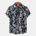Detailed front view of men's floral short sleeve button-down shirt on wooden hanger - 3XL / Tops / Black with Blue Purple Tropical Leaf (C60)
