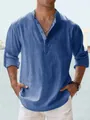 Men's casual blue linen stand collar long sleeve shirt with a loose fit silhouette - Blue