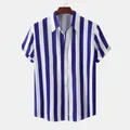 Dettaglio di una camicia a maniche corte a righe verticali blu e bianche da uomo - 3XL / Top / Blu zaffiro