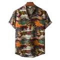 Camisa de verano para hombre de manga corta con estampados étnicos y cuello henley - M / Parte Superior - Estilo Geométrico Étnico (Z-PL05) / Naranja