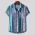 Short-sleeved men's Hawaiian shirt featuring ethnic geometric diamond patterns. - Teal Navy Ethnic Color Block Print (XH44)