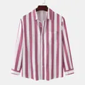 Detail view of pink and white striped men's long sleeve casual shirt with collar - S / Tops / Pink