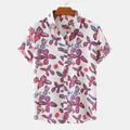 Dettaglio frontale di una camicia estiva da uomo a fiori a maniche corte, rossa e blu - Bianco con Floreale Astratto Rosso Blu (C61)
