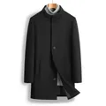 Detail of a black men's mid-length wool coat showing slim fit and stand collar design - 3XL / Tops / Black