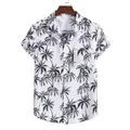Men's casual short-sleeved shirt featuring a tropical black palm tree print on white - M / Tops / White