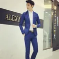 Classic slim fit men's two-piece suit in vibrant blue includes jacket and trousers - Navy Blue