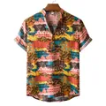 Detailed view of men's short-sleeved shirt with vibrant ethnic tribal patterns and stand collar - M / Tops / Red (Z-PL05)