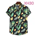 Kurzärmeliges Herrenhemd mit lebhaften tropischen Ananas- und Bananenmustern für den Sommer. - M / Oberteile / Schwarz Tropische Früchte-Druck (XH30)