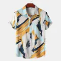 Summer men's short-sleeve button-down shirt featuring a colorful abstract paint stroke print - Abstract Print (C108)