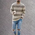 Full view of men's casual striped knit sweater featuring round neck and thick texture - S / Tops / Khaki