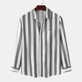 Close-up of men's casual long-sleeved shirt with grey and white vertical stripes. - S / Tops / Gray