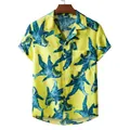Vibrant yellow men's Hawaiian shirt with blue palm leaf print and chest pocket - M / Tops / Yellow Palm Leaf Print (XH29)