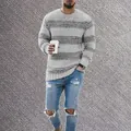 Detailed view of men's chunky knit crew neck sweater with grey and charcoal stripes - S / Tops / Gray
