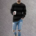 Men's autumn winter striped knit sweater featuring a casual crew neck and thick texture - S / Tops / Black