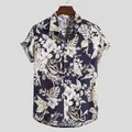 Vintage Hawaiian floral print men's short sleeve casual shirt with front chest pocket - Navy Tropical Print (MV06)