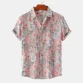 Camicia vintage da uomo a maniche corte con stampa floreale rosa e viola per l'estate - Grigio con Floreale Rosa Viola (C62)