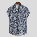 Herenhemd met korte mouwen in navy met witte paisley bloemenprint detailweergave - 3XL / Tops / Marine Paisley (MV05)