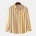 Yellow and white vertical striped men's long-sleeved casual shirt with front pocket - S / Tops / Yellow