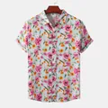 Herren Kurzarm Hawaiihemd mit Blumenmuster ideal für den sommerlichen Urlaub am Strand - Rosa Orange Floral Hellblau (C50-Grün)