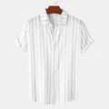 Detailed view of white short-sleeve shirt with vertical stripes and wooden hanger - Gray (C121)