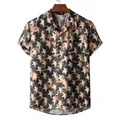Detailed view of men's Hawaiian short sleeve shirt featuring camo star print and chest pocket - Camouflage Star Print (XH45)