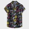 Detalle del estampado de grafiti de música colorido en camisa hawaiana negra de manga corta - M / Tops / Graffiti de Música Negro (XH67)