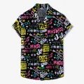 Close-up of colorful graffiti music pattern on black short sleeve Hawaiian shirt - M / Tops / Music Graffiti Black (XH67)