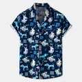 Close-up of navy blue Hawaiian shirt with playful cartoon dog prints and front pocket - M / Tops / Cartoon Dog Dark Blue (XH68)